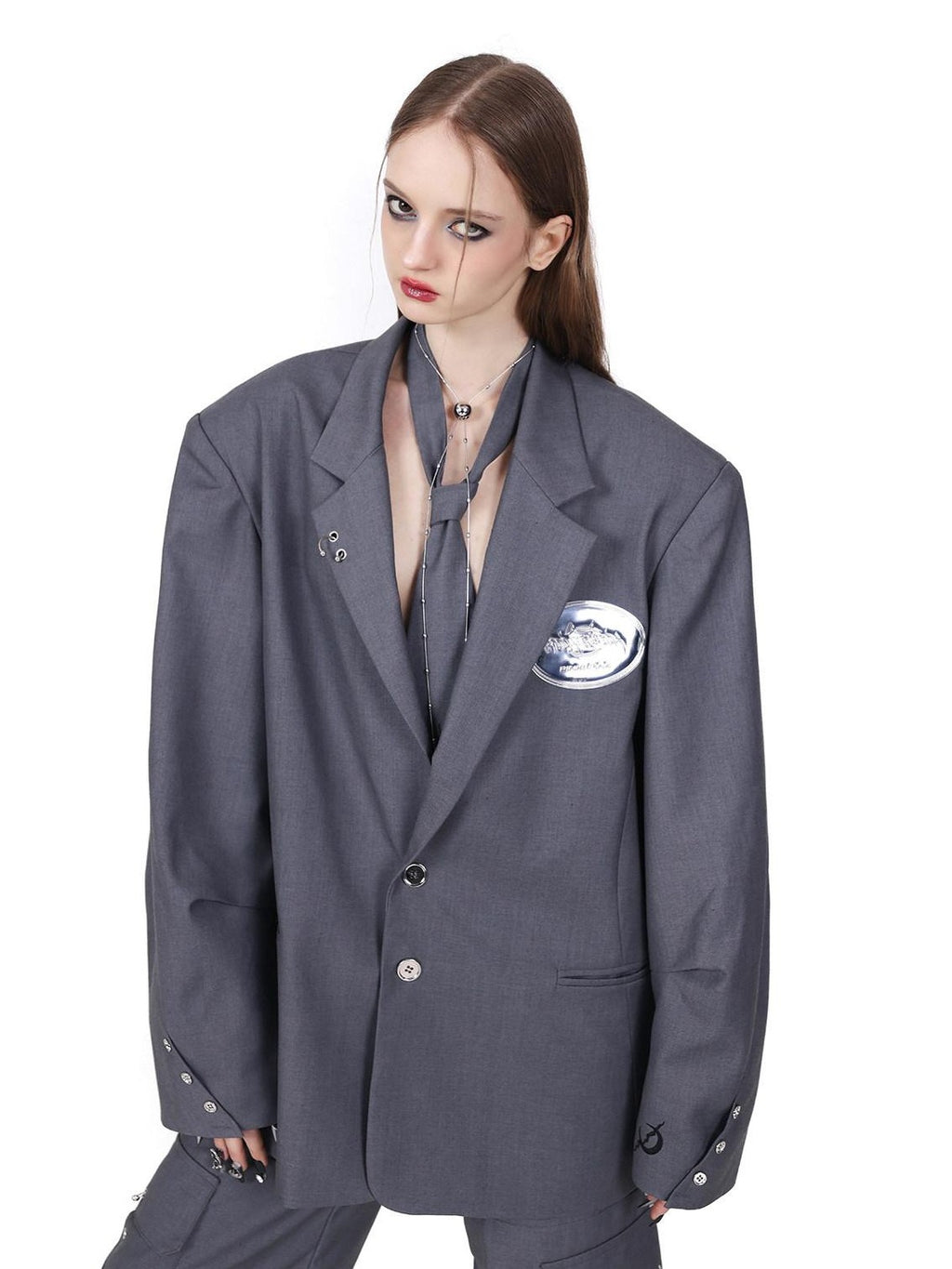PINKSPINK Gray Structured Perforated Ringed Embroidered Women's Polyester Blazers