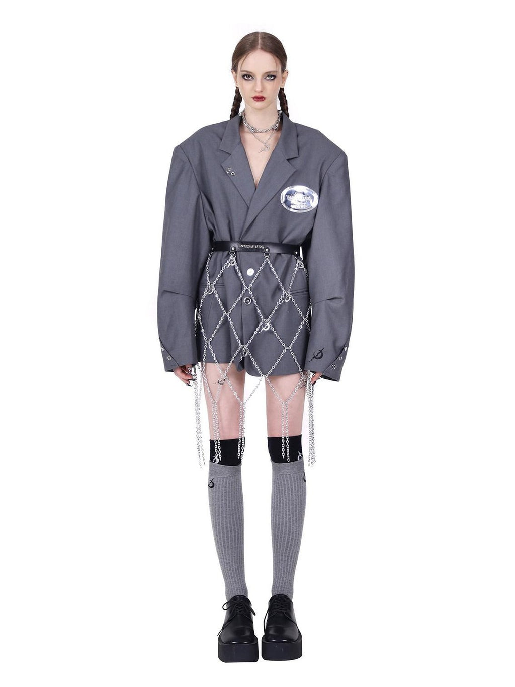 PINKSPINK Gray Structured Perforated Ringed Embroidered Women's Polyester Blazers