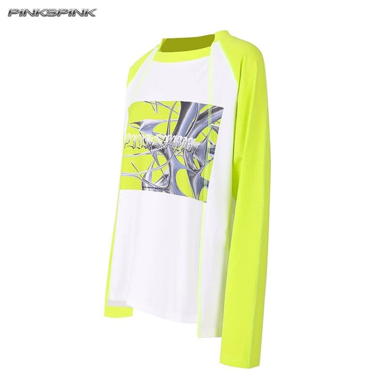 PINKSPINK_Green_Pink_Futuristic_Print_Patchwork_Raglan_Women's_Cotton_Long_Sleeve_T-shirts_895874025112_MISSTT