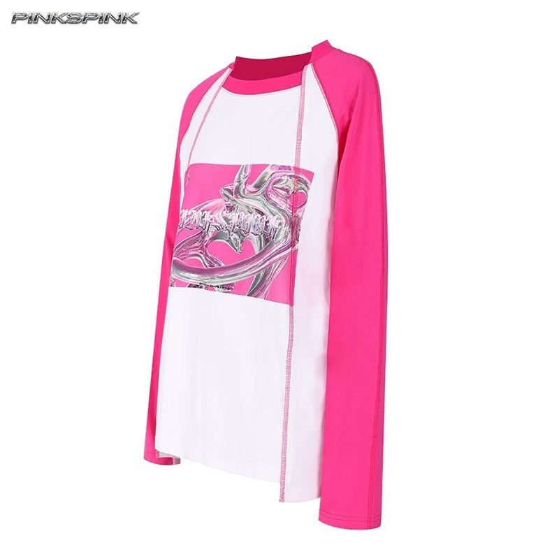 PINKSPINK_Green_Pink_Futuristic_Print_Patchwork_Raglan_Women's_Cotton_Long_Sleeve_T-shirts_895874025112_MISSTT