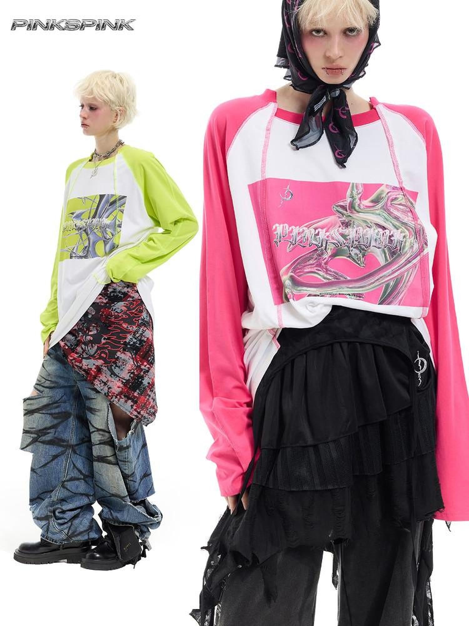 PINKSPINK Green Pink Futuristic Print Patchwork Raglan Women's Cotton Long Sleeve T-shirts