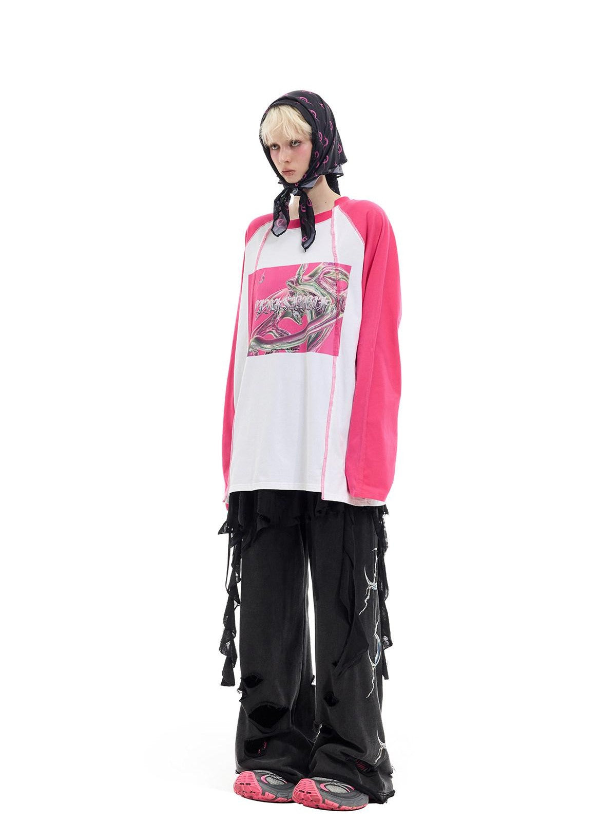 PINKSPINK Green Pink Futuristic Print Patchwork Raglan Women's Cotton Long Sleeve T-shirts
