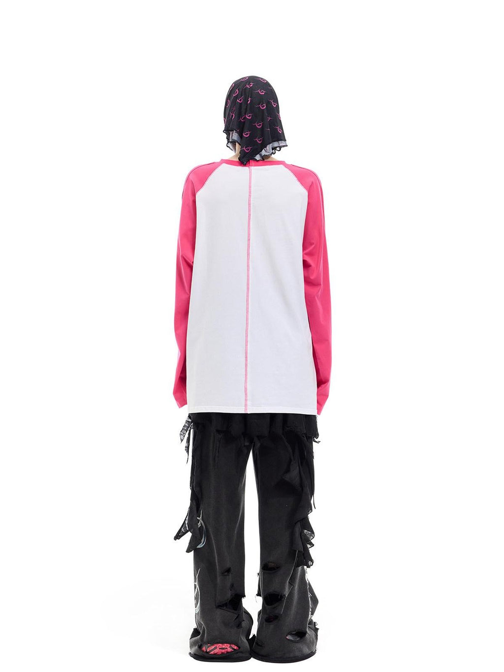 PINKSPINK Green Pink Futuristic Print Patchwork Raglan Women's Cotton Long Sleeve T-shirts
