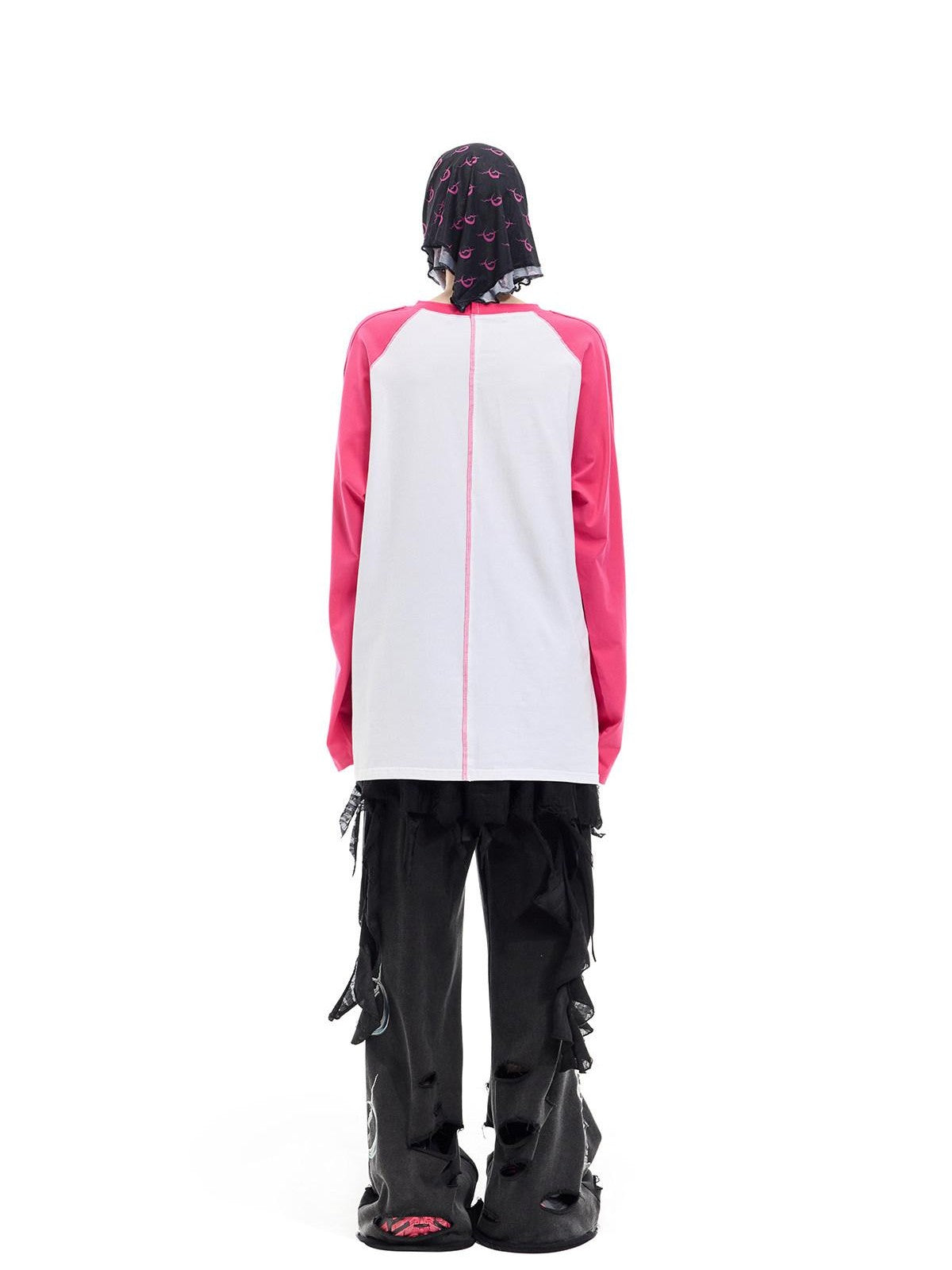 PINKSPINK Green Pink Futuristic Print Patchwork Raglan Women's Cotton Long Sleeve T-shirts