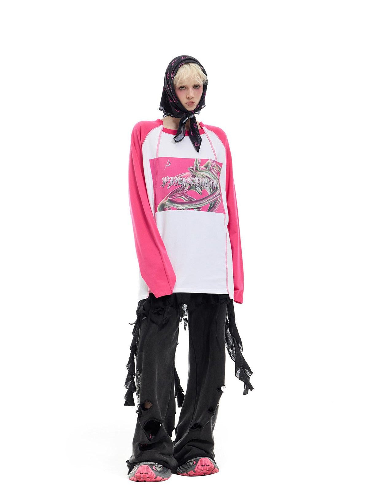 PINKSPINK Green Pink Futuristic Print Patchwork Raglan Women's Cotton Long Sleeve T-shirts