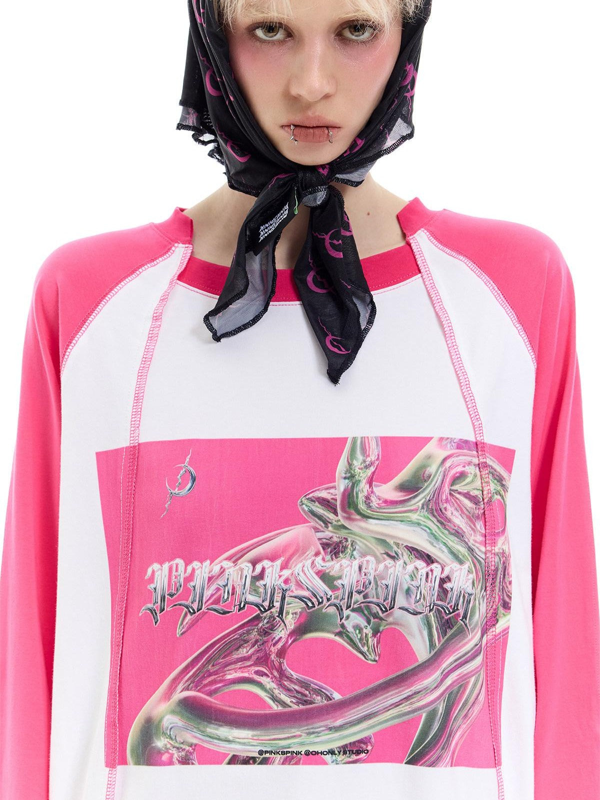 PINKSPINK Green Pink Futuristic Print Patchwork Raglan Women's Cotton Long Sleeve T-shirts