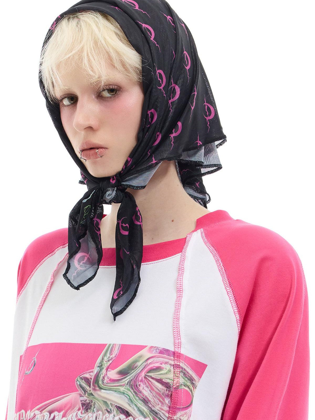PINKSPINK Green Pink Futuristic Print Patchwork Raglan Women's Cotton Long Sleeve T-shirts
