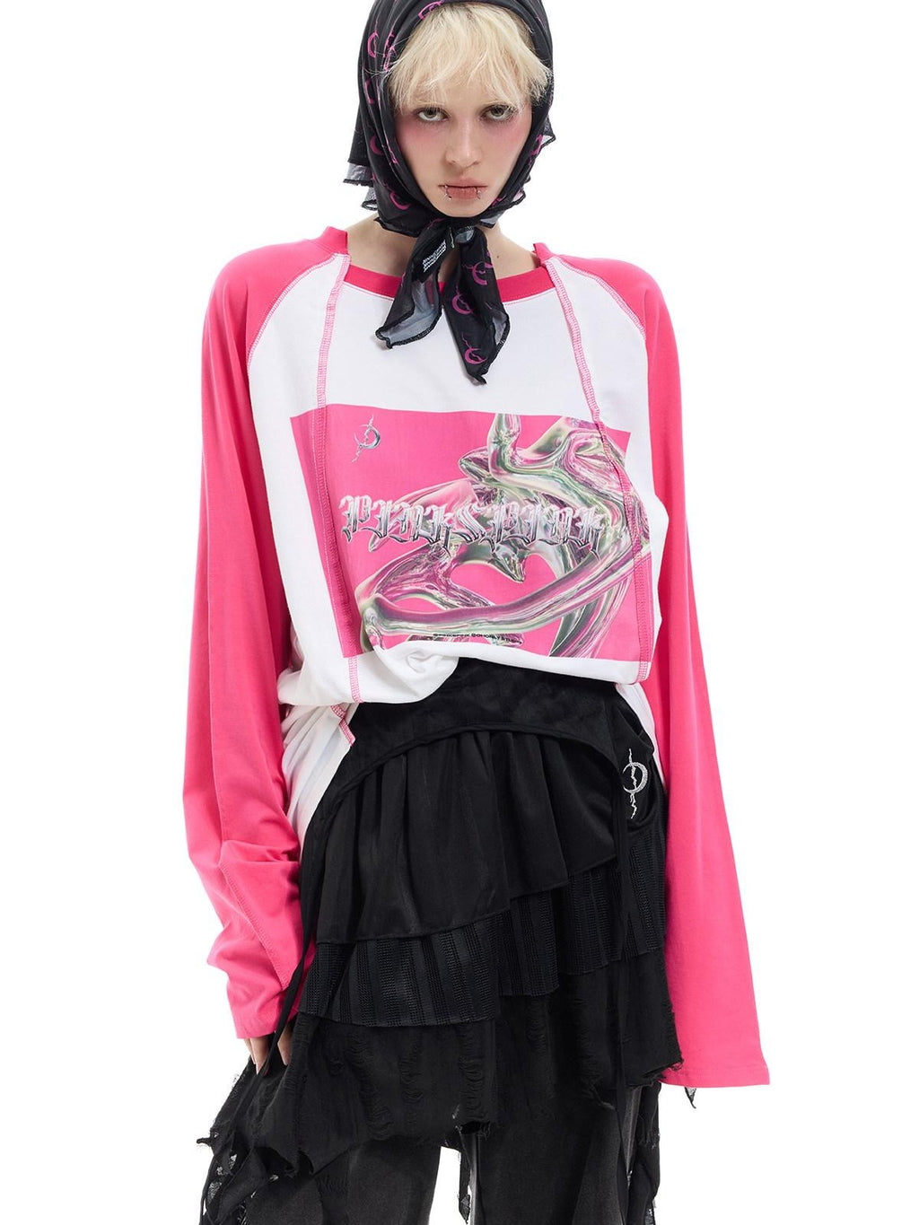 PINKSPINK Green Pink Futuristic Print Patchwork Raglan Women's Cotton Long Sleeve T-shirts