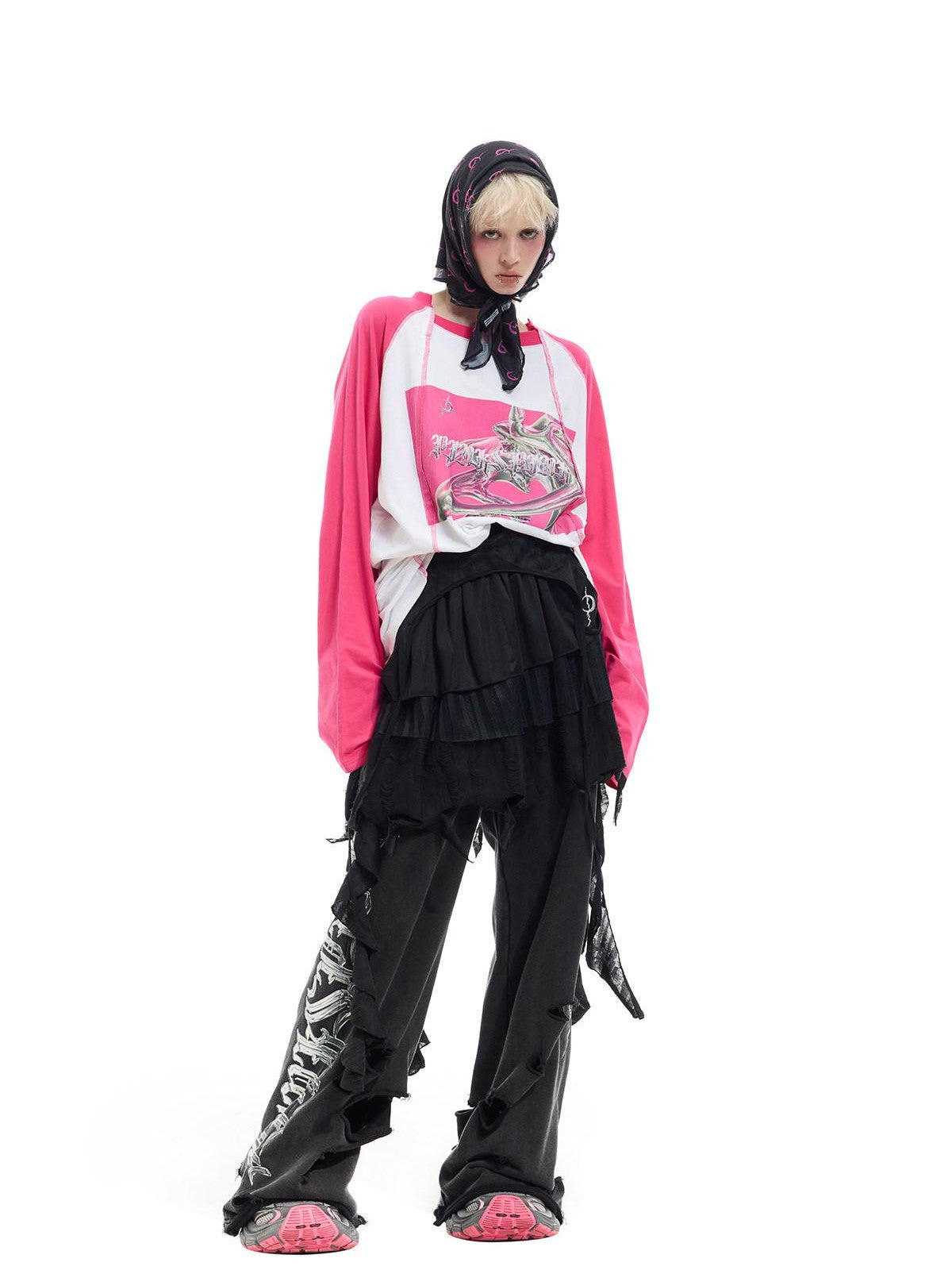 PINKSPINK Green Pink Futuristic Print Patchwork Raglan Women's Cotton Long Sleeve T-shirts