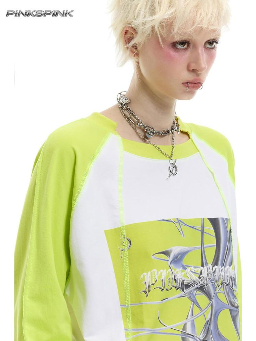 PINKSPINK Green Pink Futuristic Print Patchwork Raglan Women's Cotton Long Sleeve T-shirts