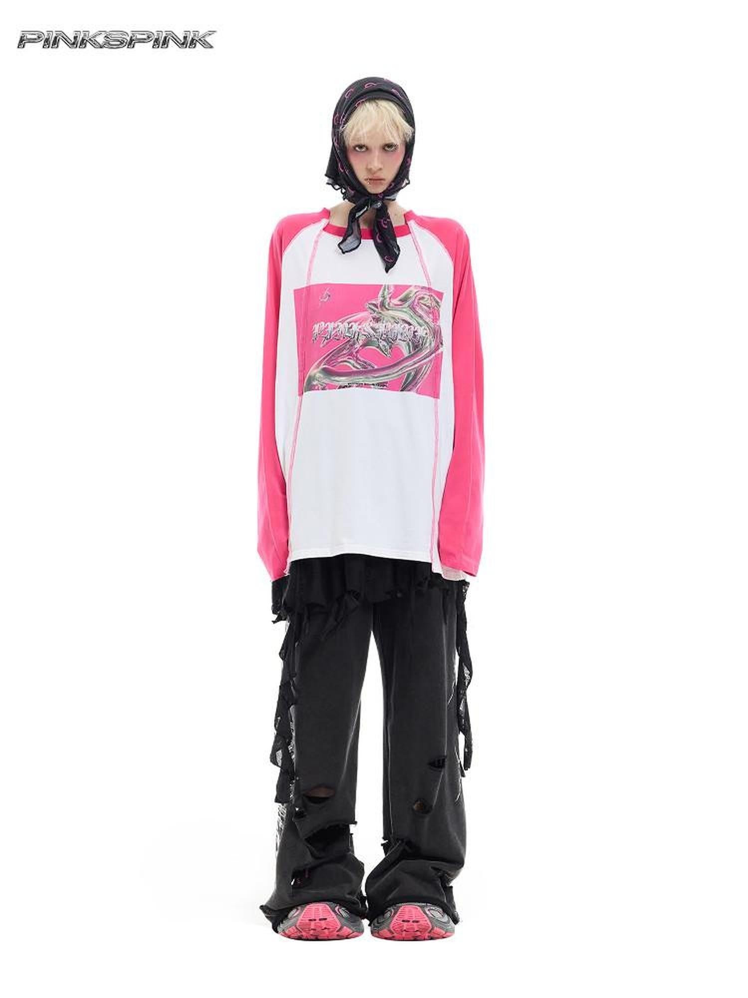 PINKSPINK Green Pink Futuristic Print Patchwork Raglan Women's Cotton Long Sleeve T-shirts