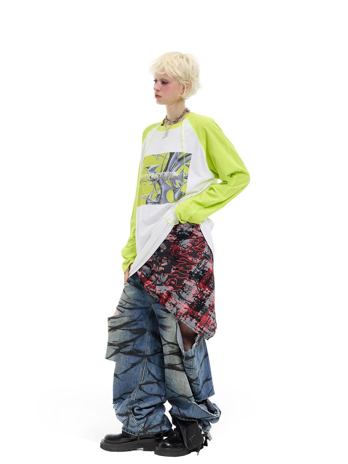 PINKSPINK Green Pink Futuristic Print Patchwork Raglan Women's Cotton Long Sleeve T-shirts