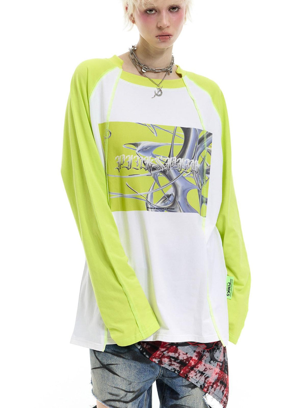 PINKSPINK Green Pink Futuristic Print Patchwork Raglan Women's Cotton Long Sleeve T-shirts