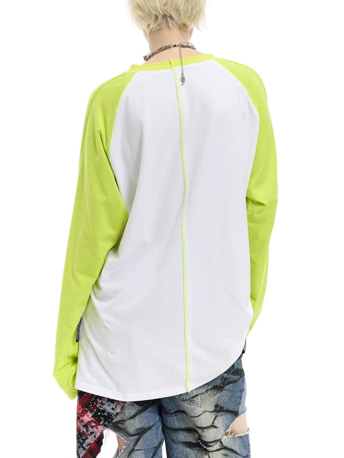 PINKSPINK Green Pink Futuristic Print Patchwork Raglan Women's Cotton Long Sleeve T-shirts