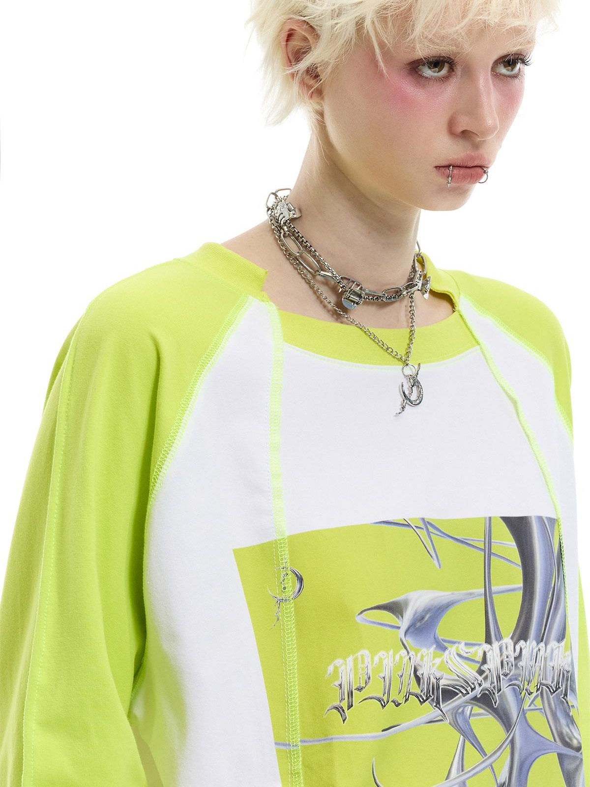 PINKSPINK Green Pink Futuristic Print Patchwork Raglan Women's Cotton Long Sleeve T-shirts