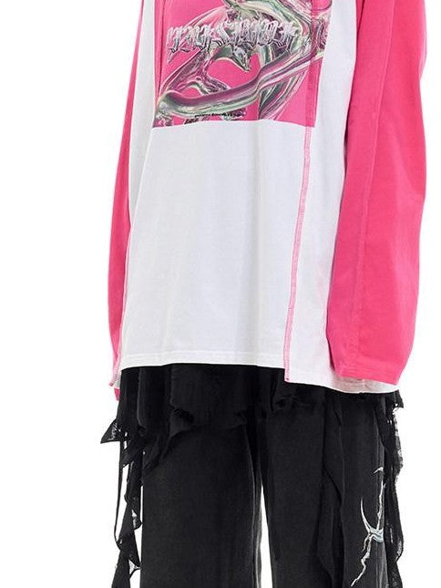 PINKSPINK Green Pink Text Print Spliced Raglan Women's Cotton Long Sleeve T-shirts