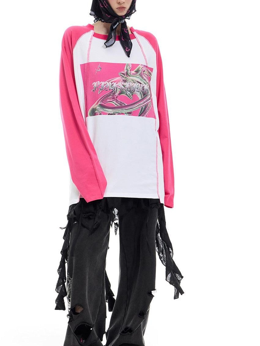 PINKSPINK Green Pink Text Print Spliced Raglan Women's Cotton Long Sleeve T-shirts