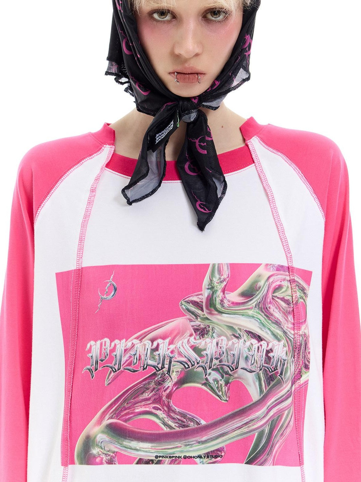 PINKSPINK Green Pink Text Print Spliced Raglan Women's Cotton Long Sleeve T-shirts
