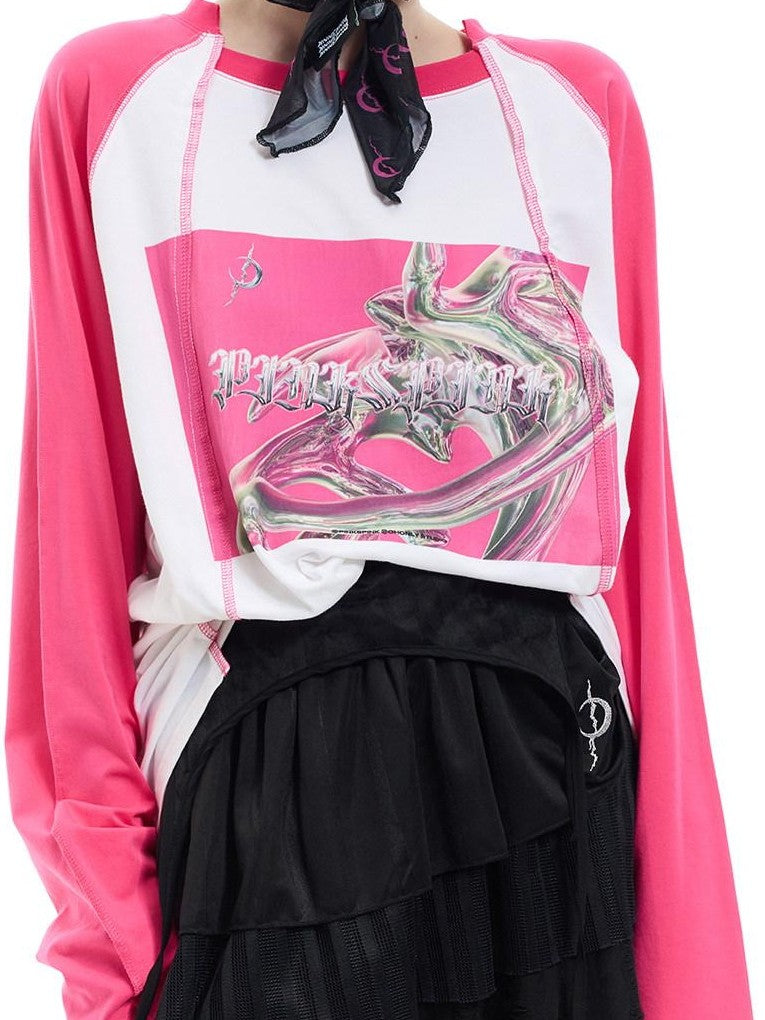 PINKSPINK Green Pink Text Print Spliced Raglan Women's Cotton Long Sleeve T-shirts