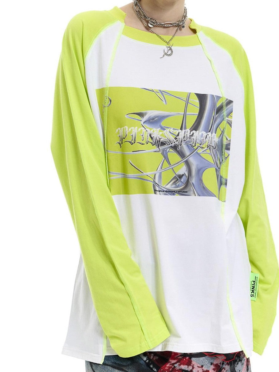 PINKSPINK Green Pink Text Print Spliced Raglan Women's Cotton Long Sleeve T-shirts