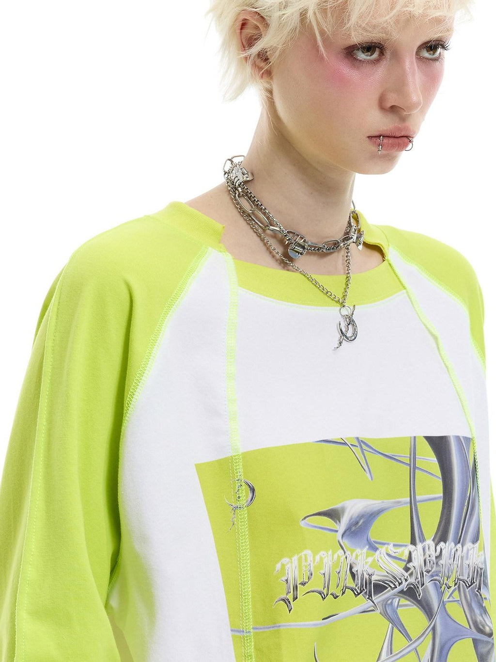 PINKSPINK Green Pink Text Print Spliced Raglan Women's Cotton Long Sleeve T-shirts