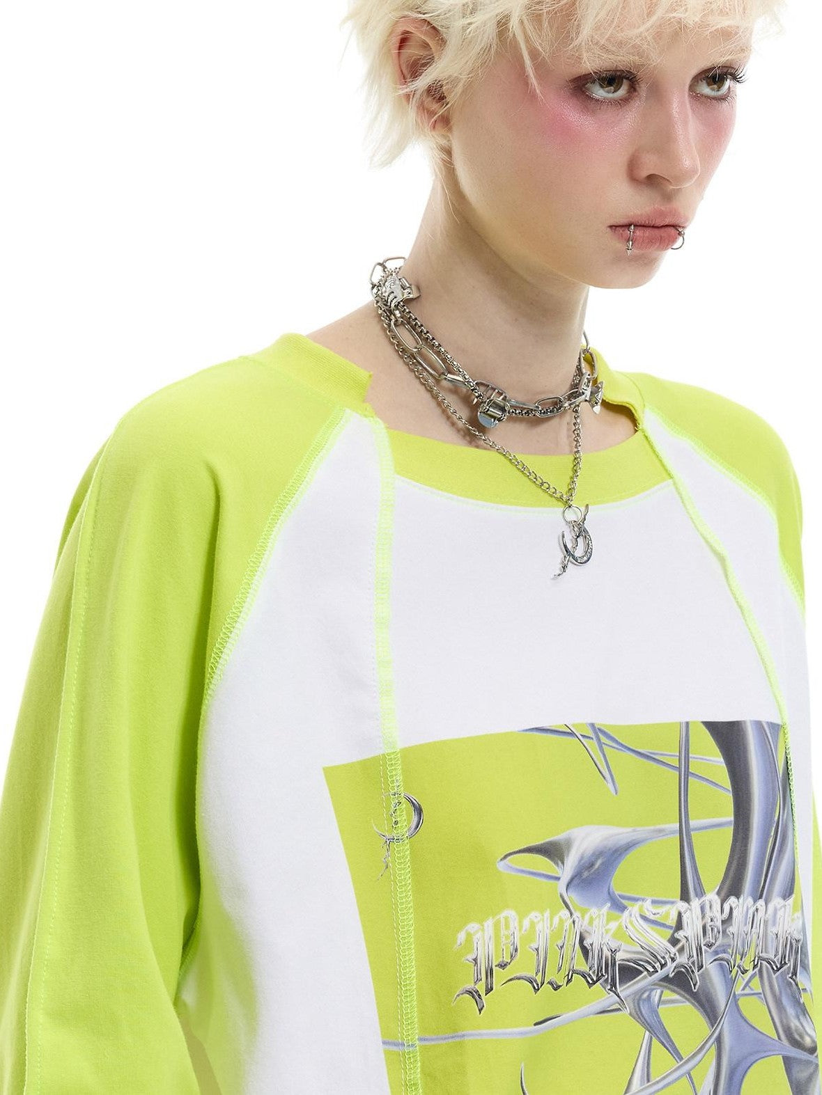 PINKSPINK Green Pink Text Print Spliced Raglan Women's Cotton Long Sleeve T-shirts