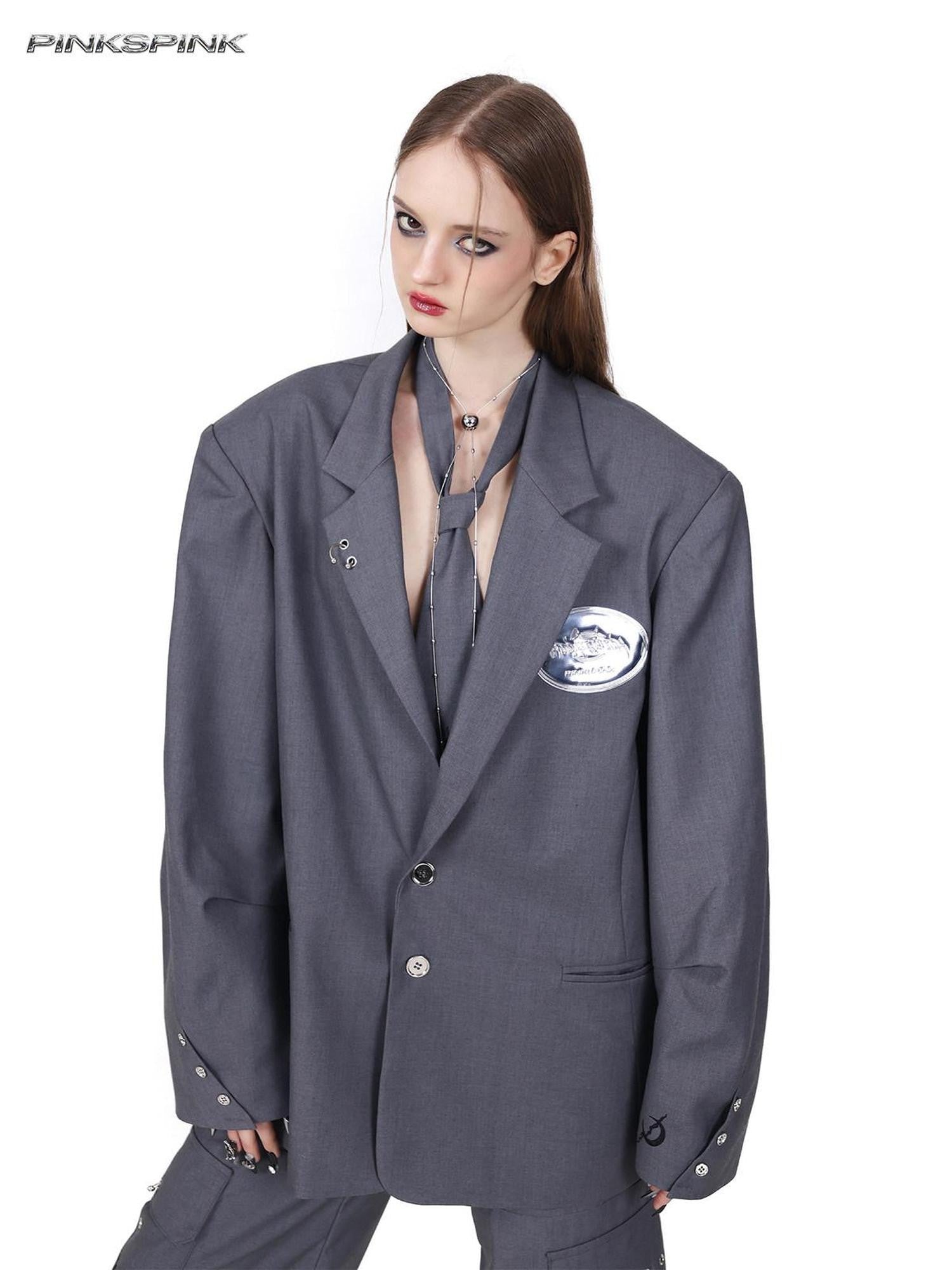 PINKSPINK Grey 3d Structured Perforated Hanging Ring Rivet Embroidered Women's Blazers
