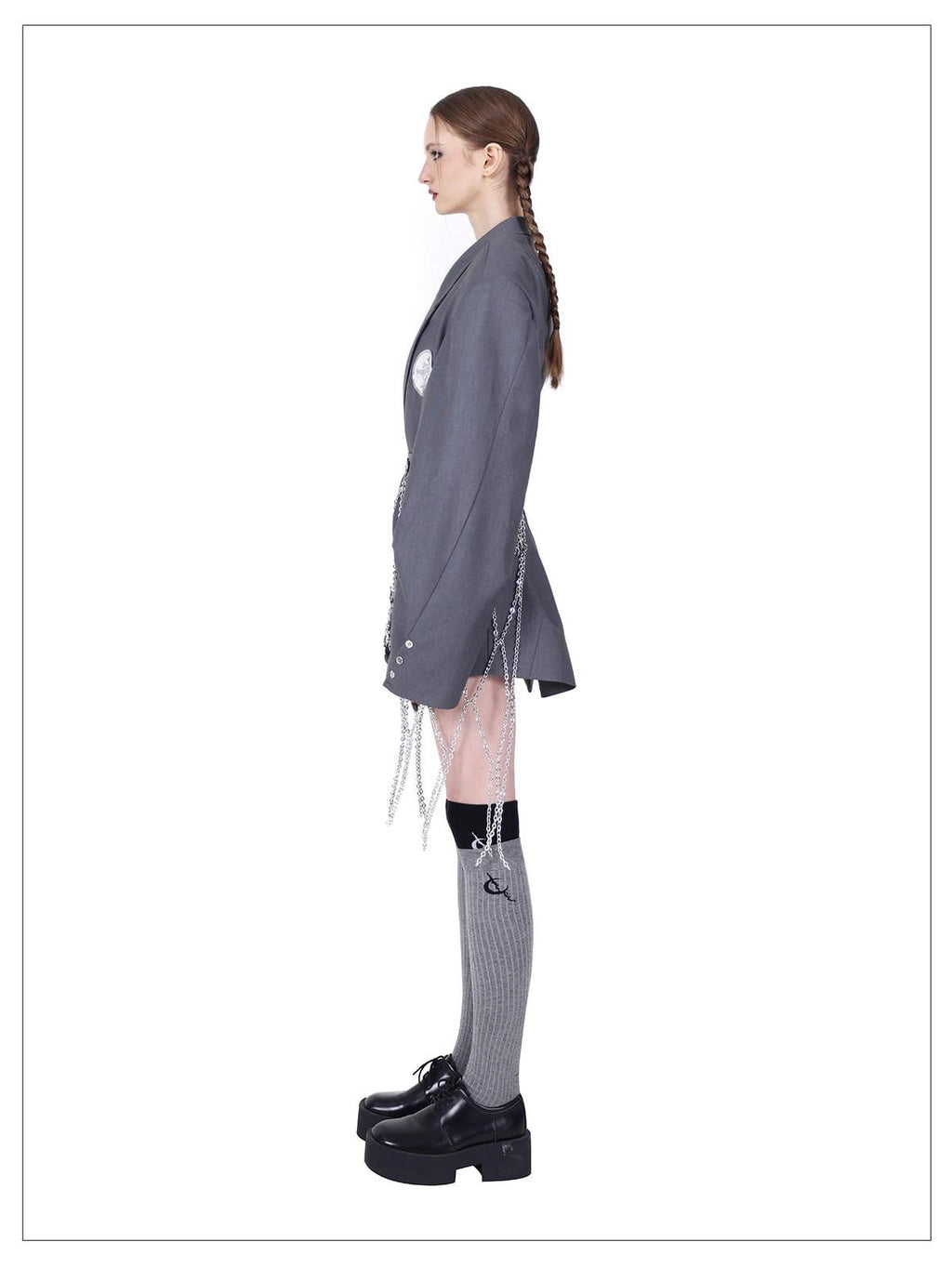 PINKSPINK Grey 3d Structured Perforated Hanging Ring Rivet Embroidered Women's Blazers