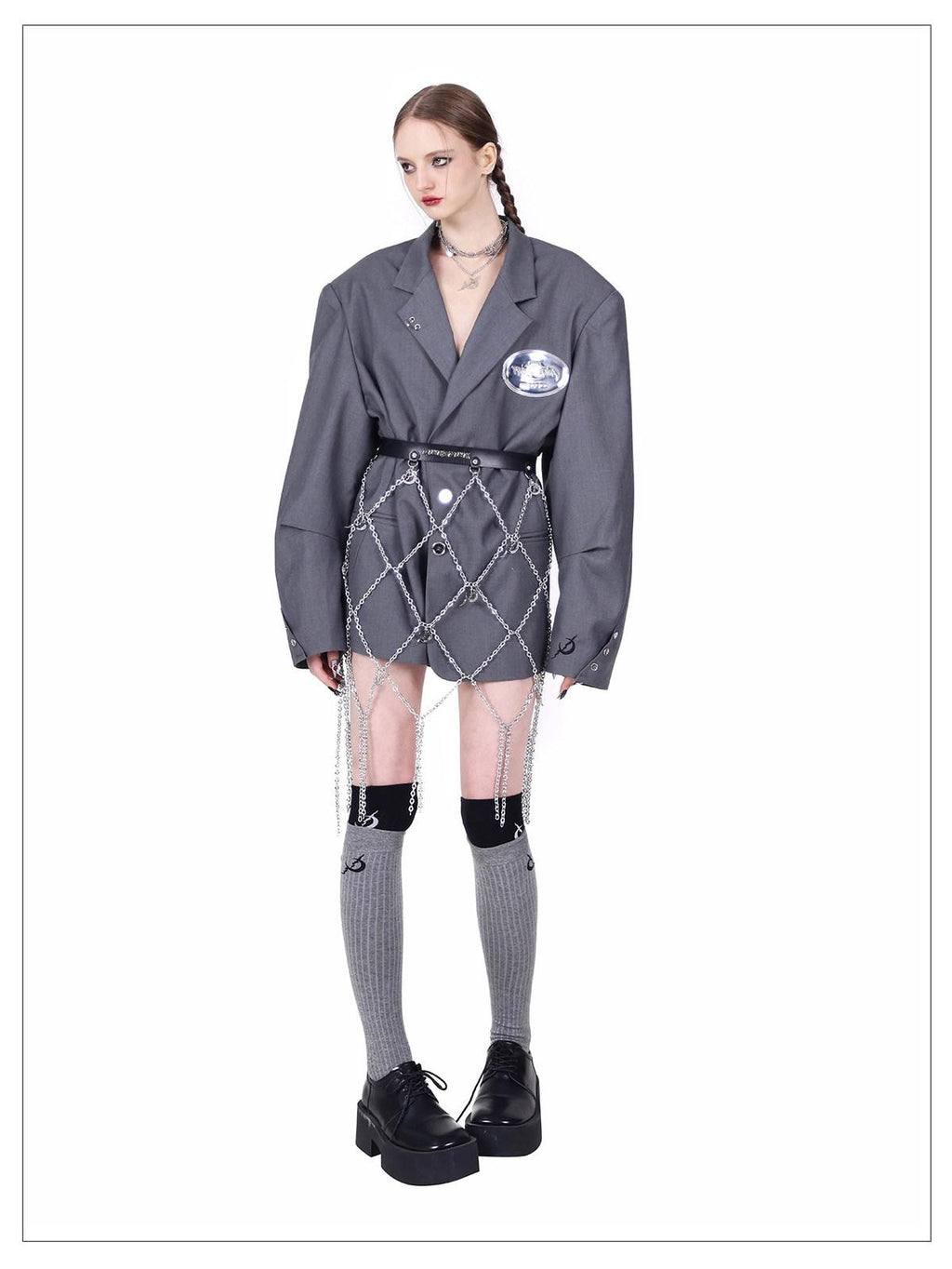 PINKSPINK Grey 3d Structured Perforated Hanging Ring Rivet Embroidered Women's Blazers