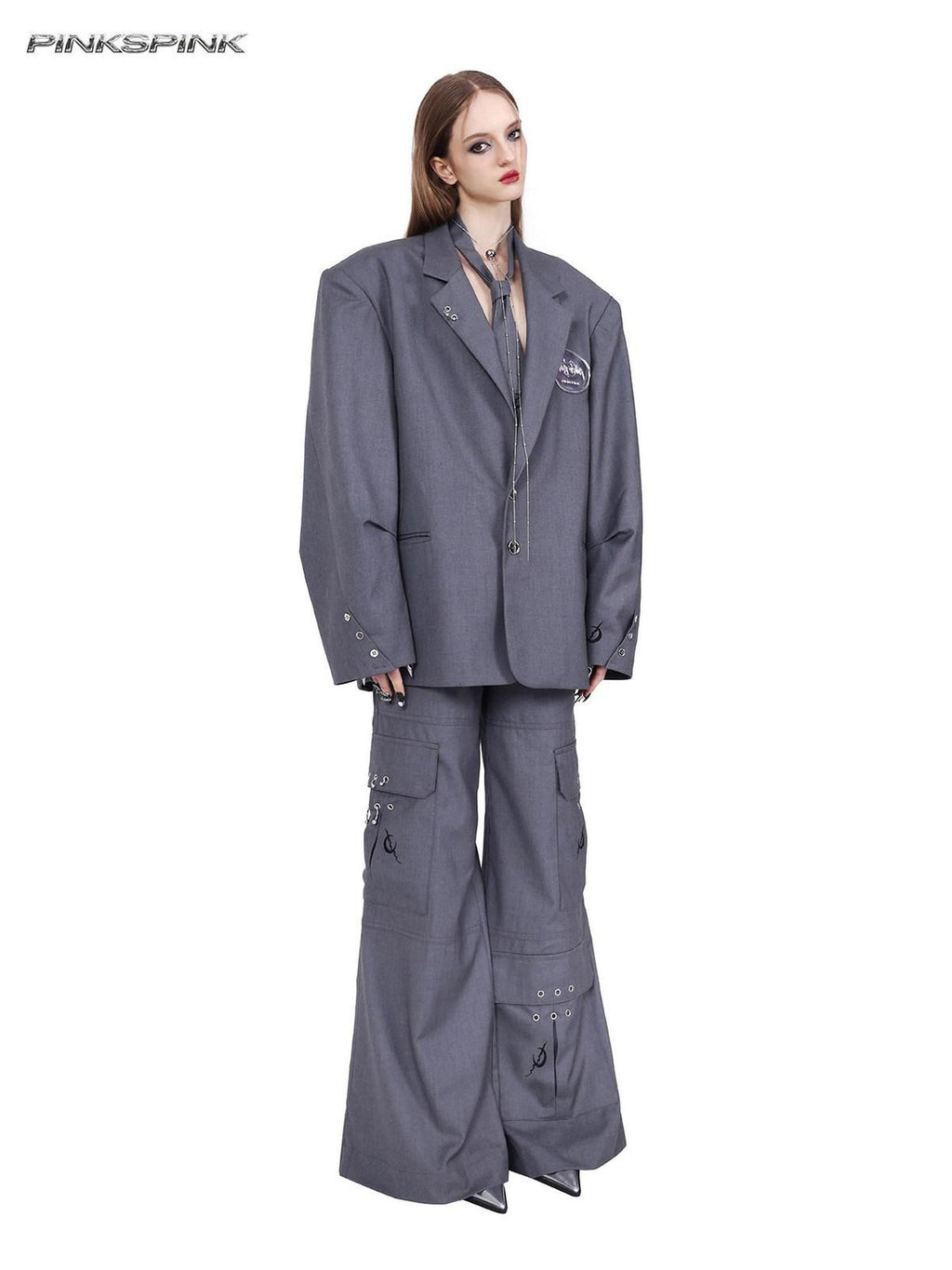 PINKSPINK Grey 3d Structured Perforated Hanging Ring Rivet Embroidered Women's Blazers