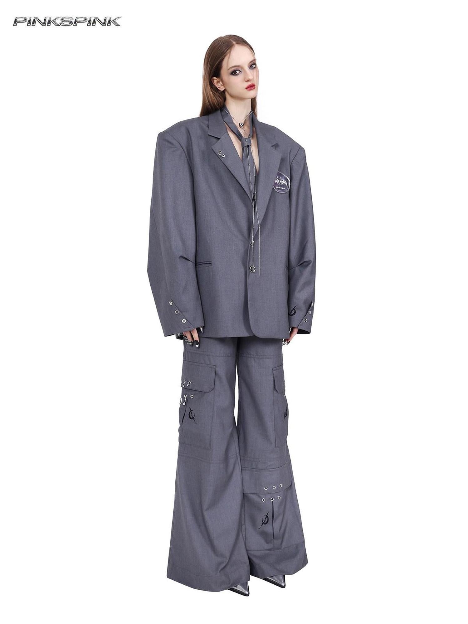 PINKSPINK Grey 3d Structured Perforated Hanging Ring Rivet Embroidered Women's Blazers