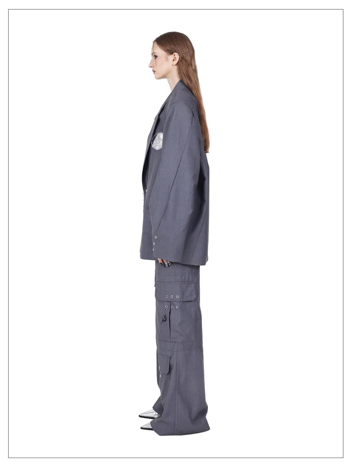 PINKSPINK Grey 3d Structured Perforated Hanging Ring Rivet Embroidered Women's Blazers