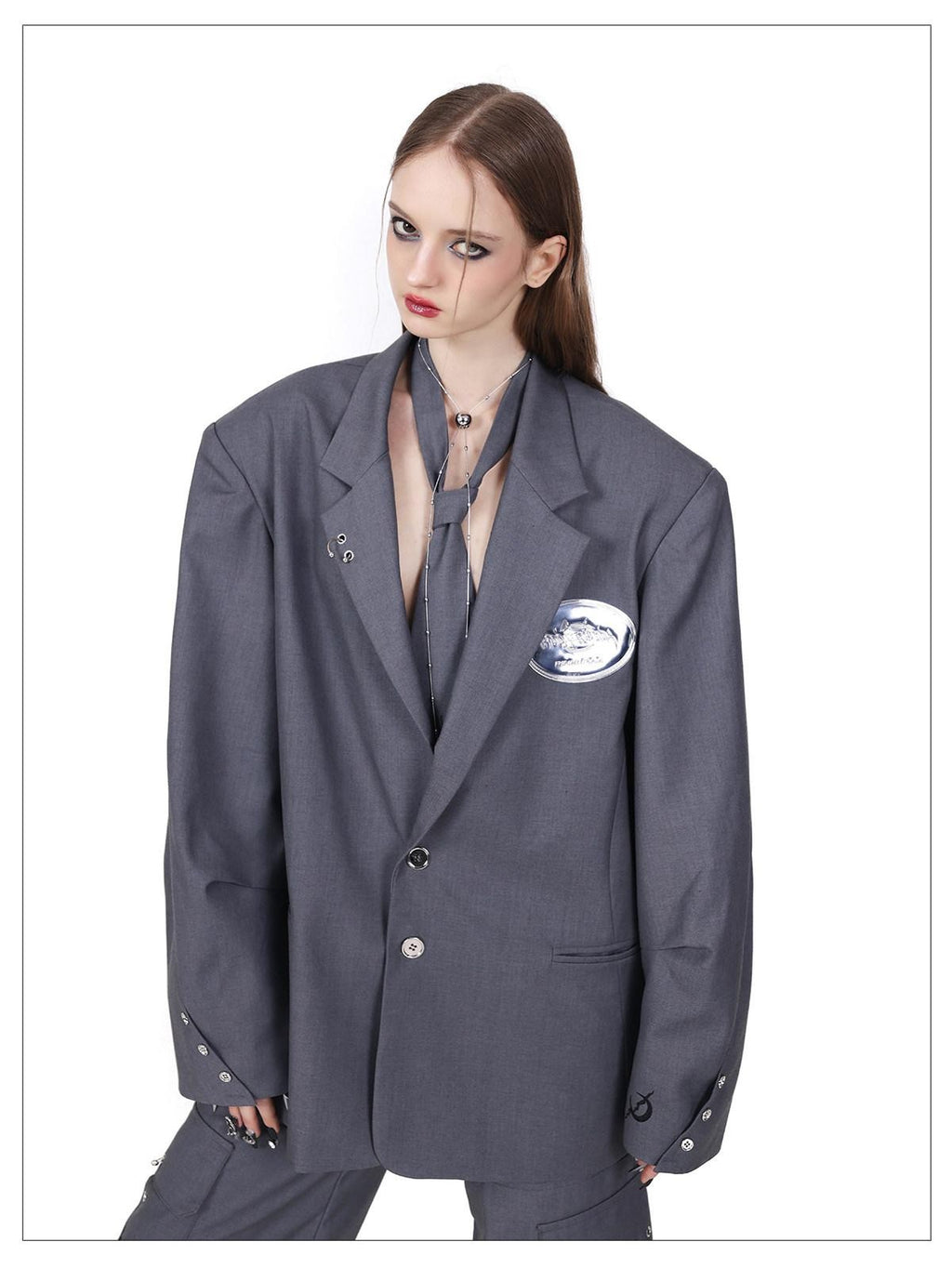 PINKSPINK Grey 3d Structured Perforated Hanging Ring Rivet Embroidered Women's Blazers