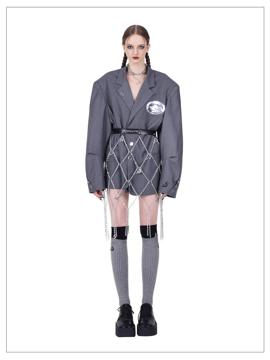 PINKSPINK Grey 3d Structured Perforated Hanging Ring Rivet Embroidered Women's Blazers