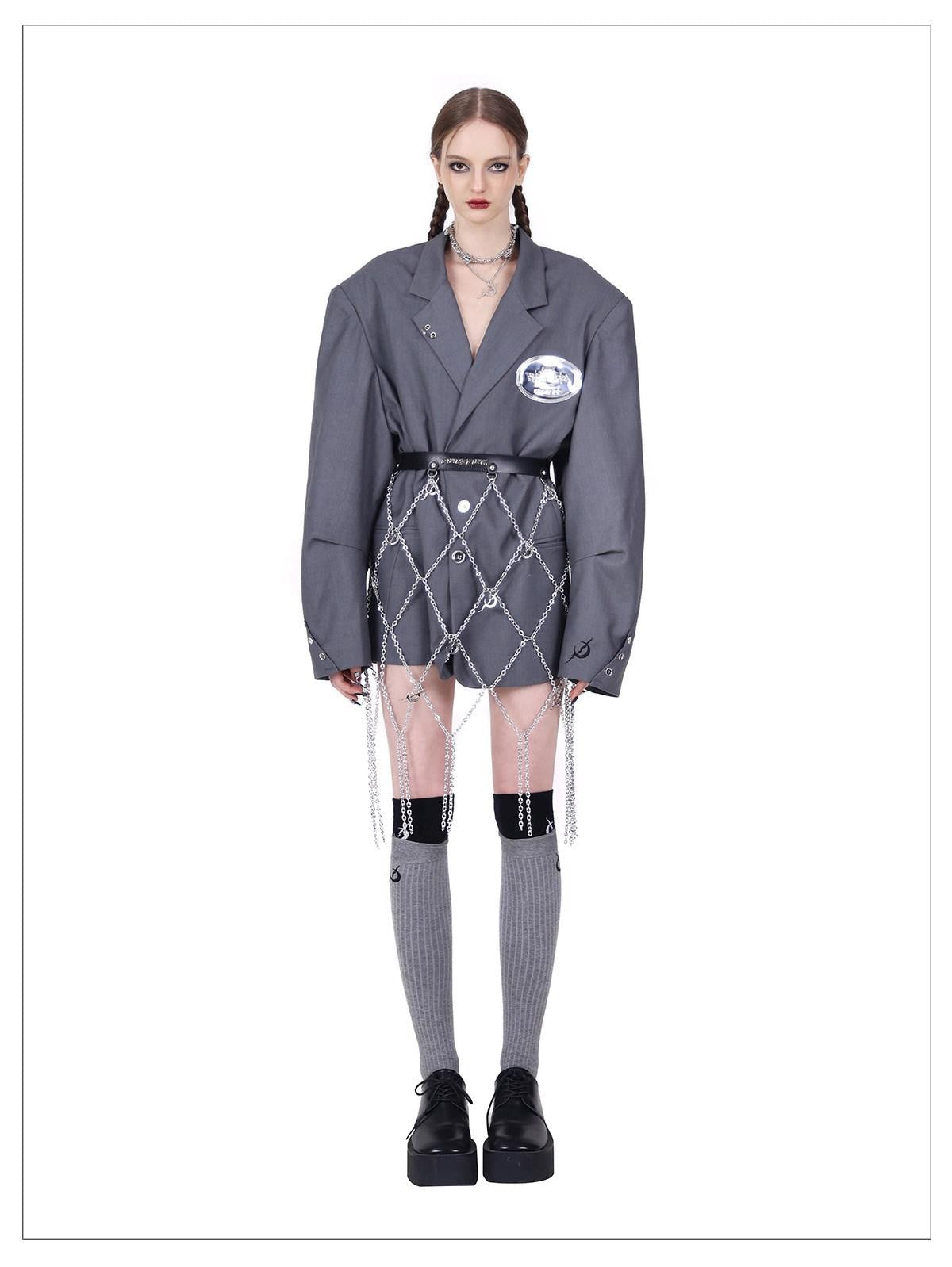 PINKSPINK Grey 3d Structured Perforated Hanging Ring Rivet Embroidered Women's Blazers