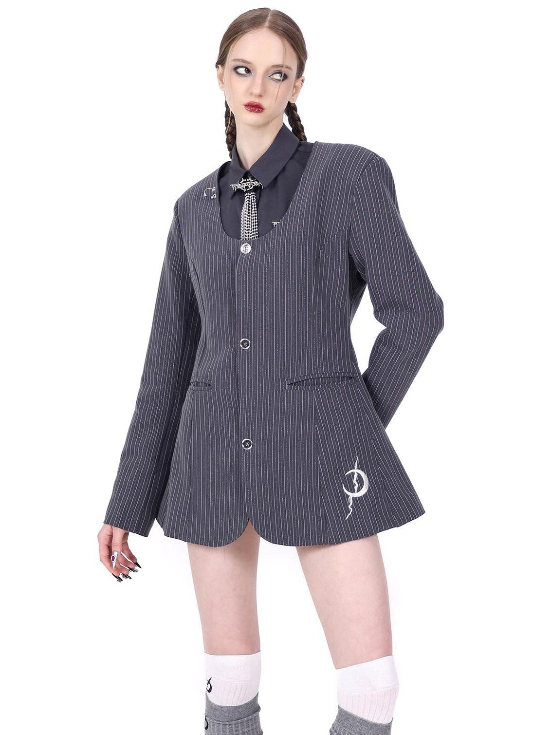 PINKSPINK Grey Asymmetric Patchwork Slim Polo Collar Women's Cotton Cropped Shirts
