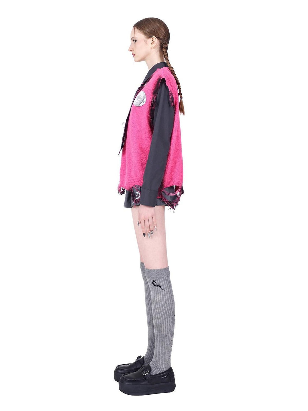PINKSPINK Grey Asymmetric Patchwork Slim Polo Collar Women's Cotton Cropped Shirts