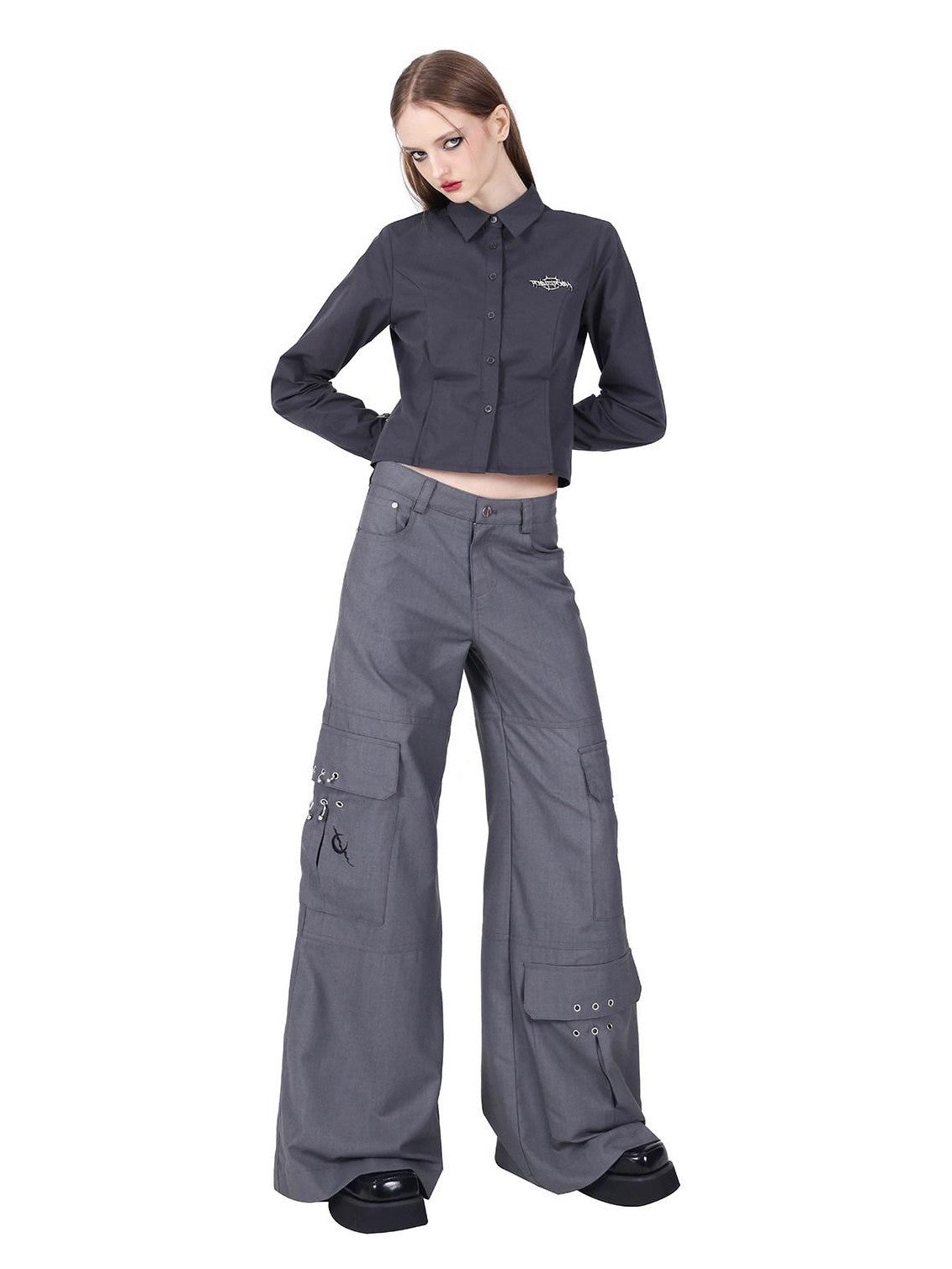 PINKSPINK Grey Asymmetric Patchwork Slim Polo Collar Women's Cotton Cropped Shirts