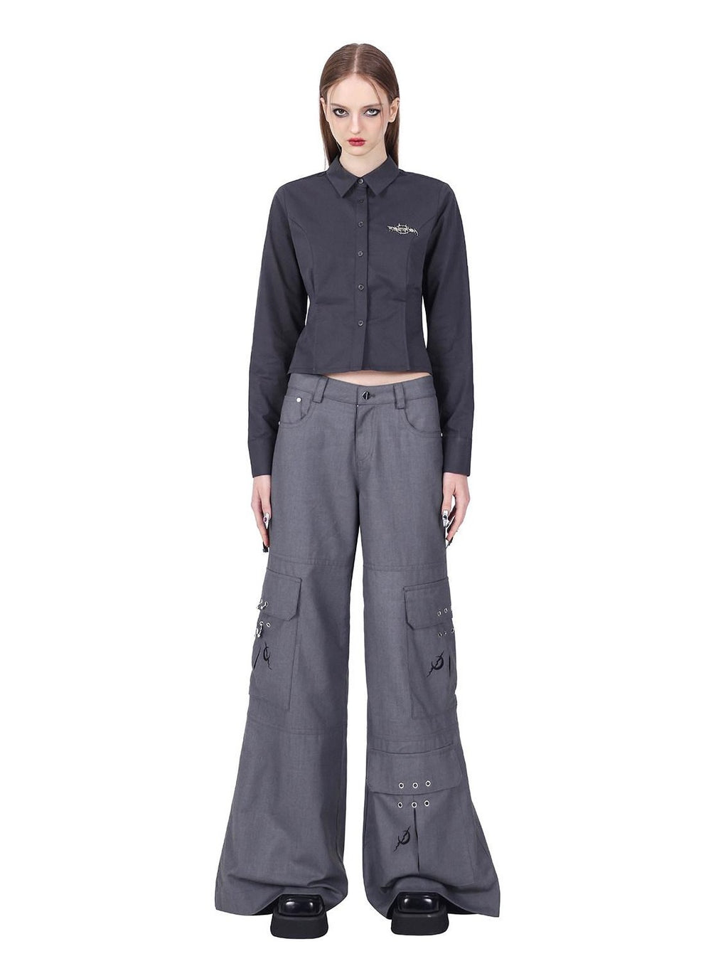 PINKSPINK Grey Asymmetric Patchwork Slim Polo Collar Women's Cotton Cropped Shirts