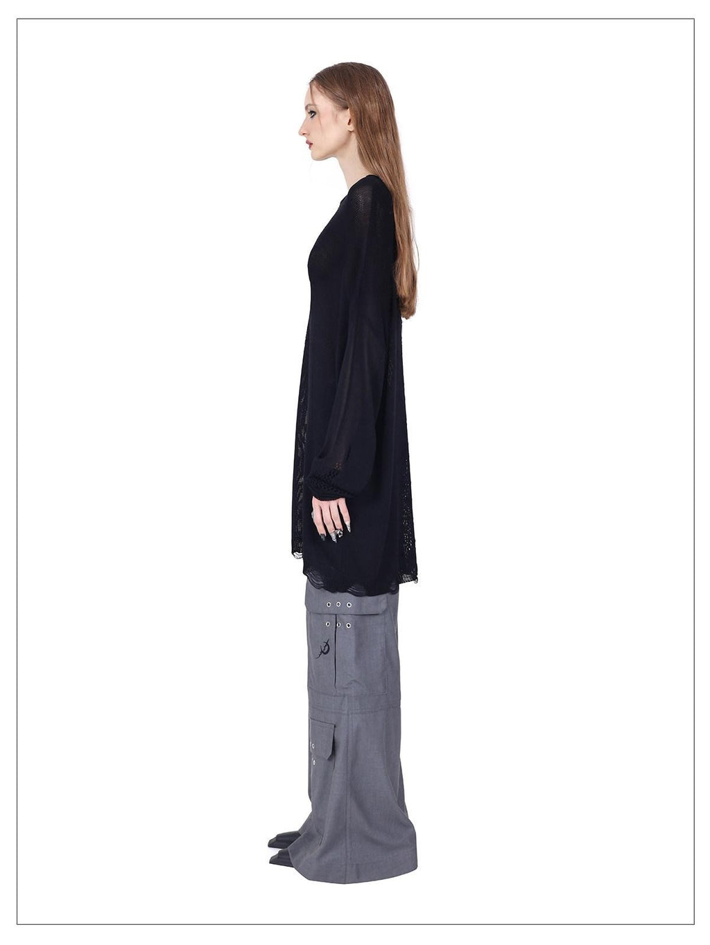 PINKSPINK Grey Embroidered Multi Pocket Ring Wide Leg Women's Polyester Tailored Pants