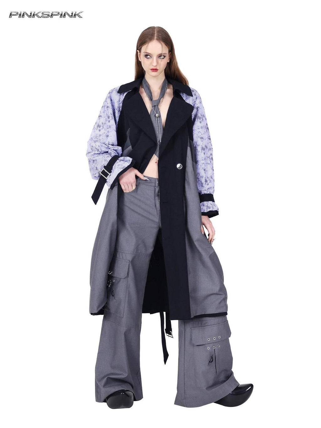 PINKSPINK Grey Embroidered Multi Pocket Ring Wide Leg Women's Polyester Tailored Pants