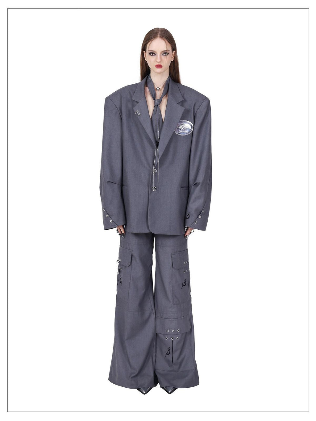 PINKSPINK Grey Embroidered Multi Pocket Ring Wide Leg Women's Polyester Tailored Pants