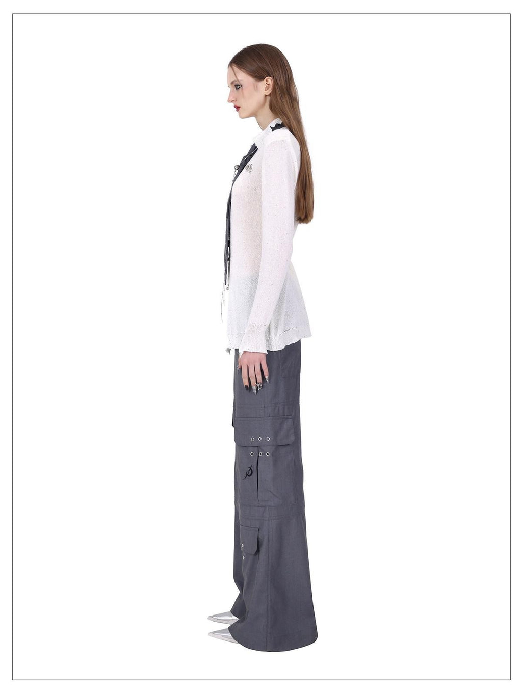 PINKSPINK Grey Embroidered Multi Pocket Ring Wide Leg Women's Polyester Tailored Pants