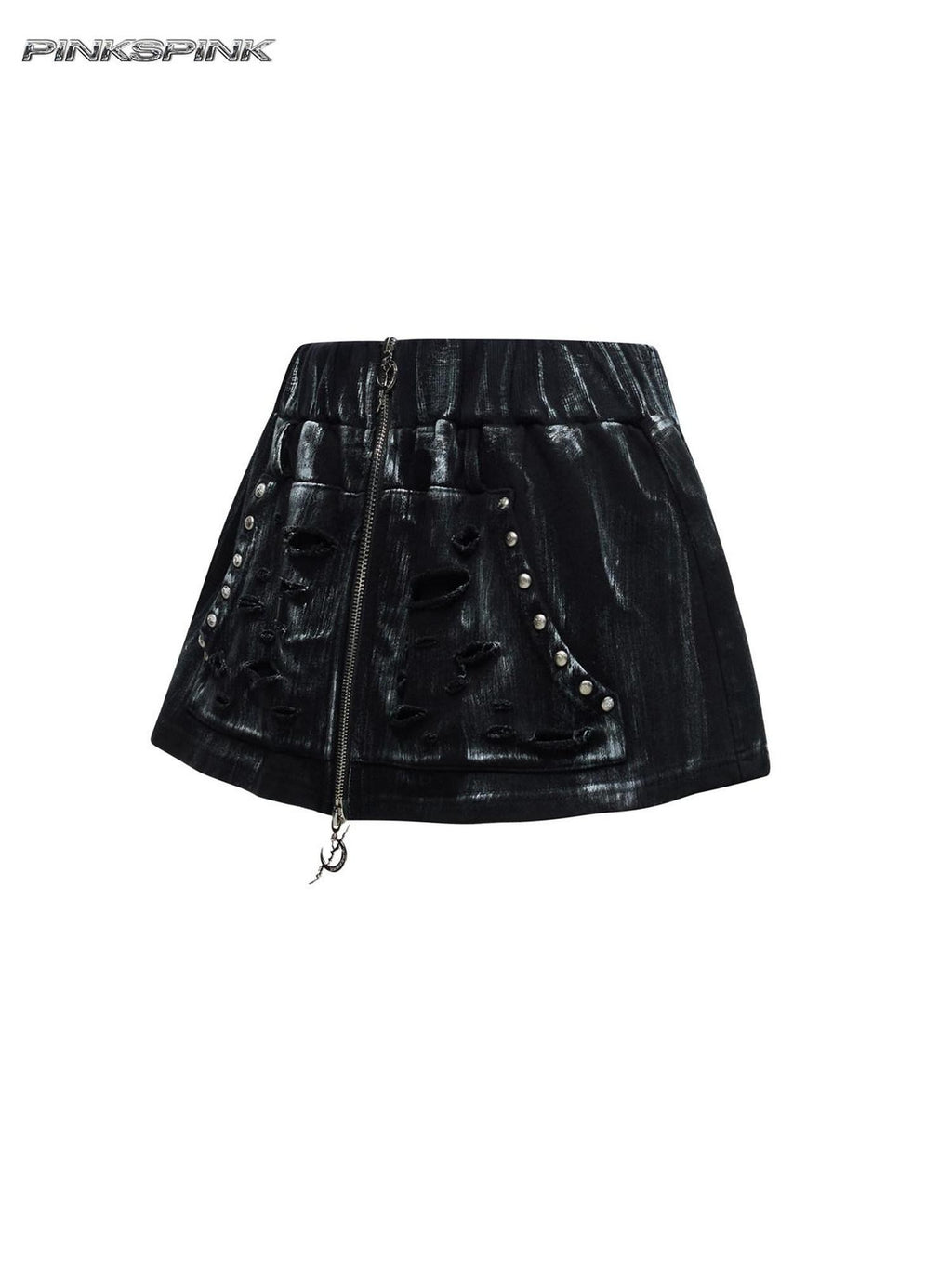 PINKSPINK Hand Painted Distressed Ripped Zipper Punk Women's Cotton Aline Mini Skirts