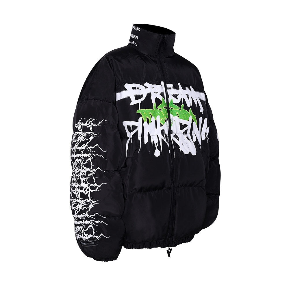 PINKSPINK_Hand_Painted_Graffiti_Double_Zip_Stand_Collar_Women's_Cotton_Puffer_Jackets_689676240749_MISSTT