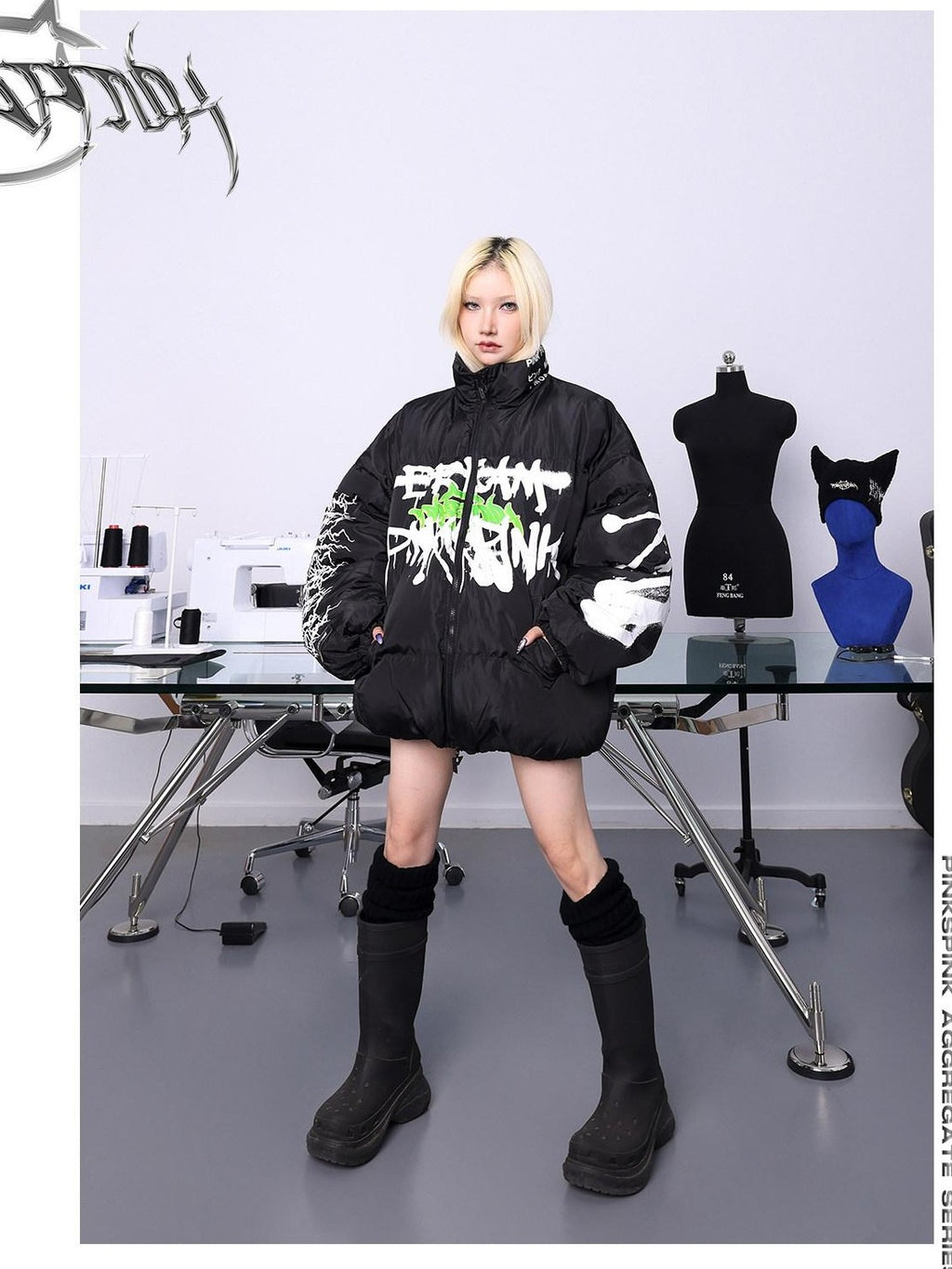 PINKSPINK Hand Painted Graffiti Double Zip Stand Collar Women's Cotton Puffer Jackets