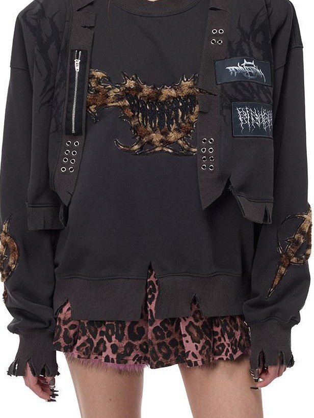 PINKSPINK Heart Thorn Leopard Applique Embroidered Punk Women's Hooded Sweatshirts