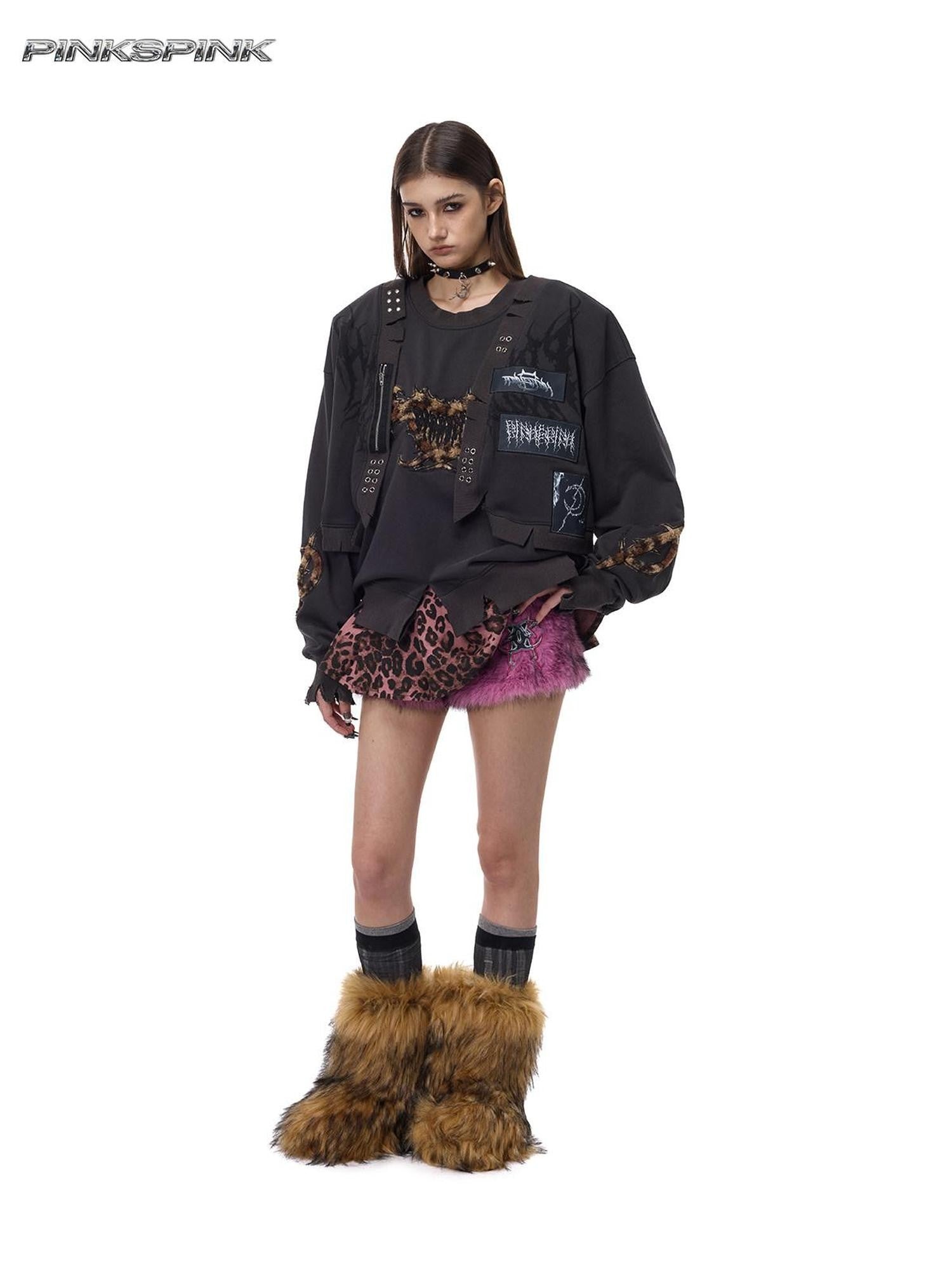 PINKSPINK Heart Thorn Leopard Applique Embroidered Punk Women's Hooded Sweatshirts