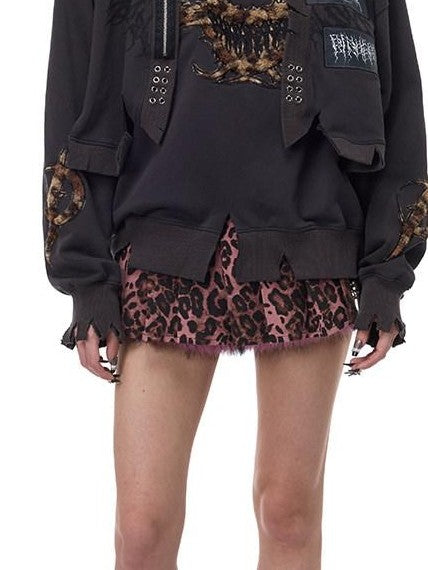 PINKSPINK Heart Thorn Leopard Applique Embroidered Punk Women's Hooded Sweatshirts