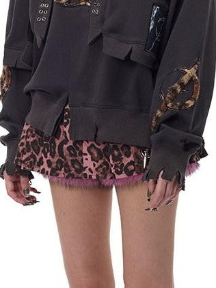 PINKSPINK Heart Thorn Leopard Applique Embroidered Punk Women's Hooded Sweatshirts